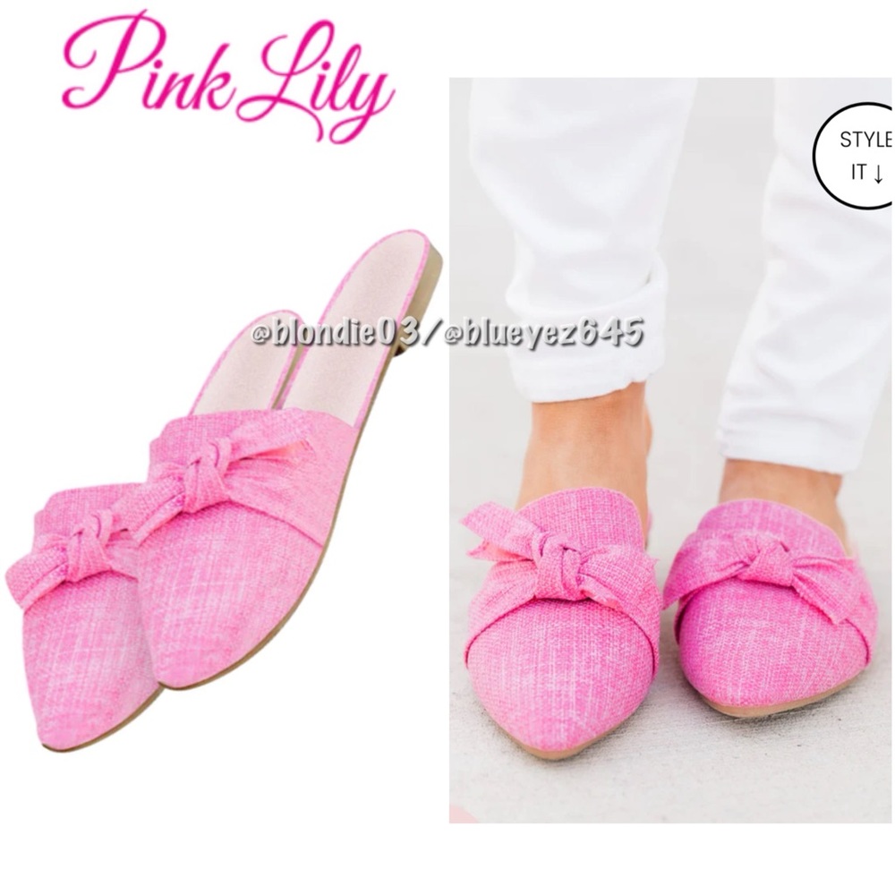 Pink Lily Audry Pink Tweed Bow Mule Flats 10 NWOB